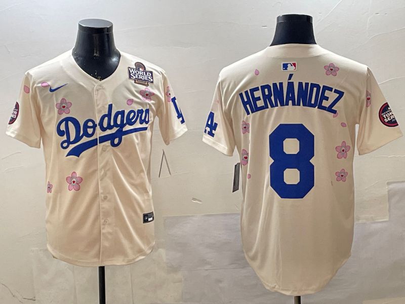 Men Los Angeles Dodgers 8 Hernandez Cream Sakura Edition 2025 Nike MLB Jersey style 3